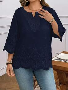 SHEIN LUNE Plus Size Women Vacation Lace Hollow Arc Hem Fashionable Blouse Fall - Royal Blue - View 3