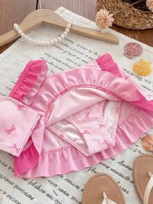 Young Girl's Pink Cute Sweet Mini Bow Print Pattern, Pink Striped Contrast Color, Ballerina Style, Young Girl Swimwear Set With Cover-Up Skirt - White - View 4