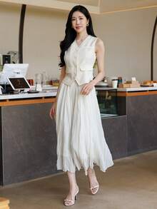 DAZY 女士无袖优雅休闲长款背心和半身裙两件套，春夏款 - 米色 - 查看 5