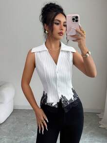 Selianne 女款V領鈕扣收腰A字下擺蕾絲飾邊無袖黑白條紋短版襯衫，優雅法式復古正式辦公通勤休閒海灘度假西式街頭風極簡百搭時尚上衣，適合下午茶、派對、居家休閒，春夏新款 - 黑與白 - 查看 3