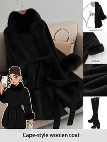 GlowEve CURVE Plus Size Women's Elegant Overcoat With Fur Collar And Belt Winter Fall Autumn - Black - View 1