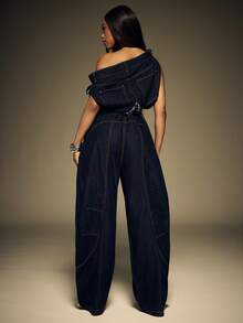 Denimoi Bộ áo liền quần denim trễ vai, áo liền quần thời trang, áo liền quần ống loe, áo liền quần jean ống rộng, áo liền quần ống loe, trang phục đường phố, trang phục dự tiệc brunch. - Rửa tối - Xem 3