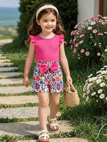 SHEIN Elladie kids 女童2件套，粉色針織圓領荷葉袖上衣搭配碎花蝴蝶結裝飾短褲，4-7歲夏季家庭度假穿搭 - 玫紅色 - 查看 4