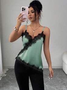 Rafferiza Regata Casual Versátil de Uso Diário com Recortes de Renda para Mulheres - Verde - Visão 4
