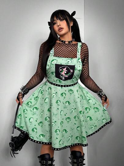 Whyspr THE POWERPUFF GIRLS X SHEIN Đầm yếm in hình hoạt hình màu xanh bạc hà dành cho nữ cỡ lớn