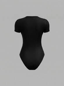 SHEIN BASICS 女款 95% 棉休閒端莊基礎極簡黑色針織圓領短袖連身衣，適合夏季日常、日間、辦公室與居家休閒穿著 - 黑色 - 查看 2