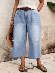 EMERY ROSE EMERY ROSE Plus Size Women Distressed 3/4 Length Denim Jeans Formal Vacation Light Blue Summer Casual Traditional - Light Wash - View 5
