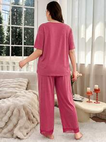 Softscene Plus Size Lace Trim Deep V Sleepwear Set - Hot Pink - View 2