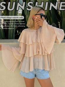 DAZY Blusa/camisa de mujer casual y holgada de gasa con volantes en el bajo, mangas largas y lazo delantero, ideal para vacaciones - Rosa - Ver 1