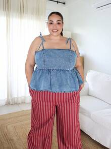 Pretty and Ole Plus Size Blue Denim Cami Top Casual And Ruffles Sweet Summer Cami Top - Medium Wash - View 5