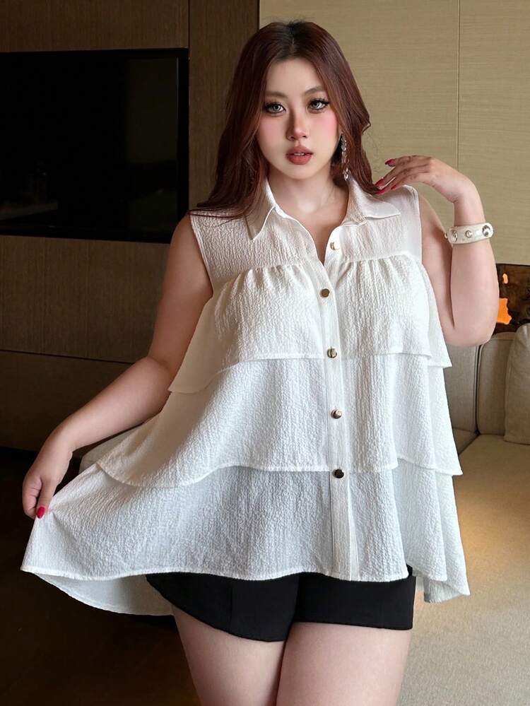 Dazy Plus Plus Size Women's Loose Fit White Blouse With Collar, Metal Button Decor, Layered Ruffle Trim, Casual Spring/Summer