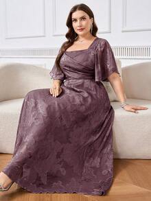 Reflora Plus Size Women's Square Neck Floral Print Elegant Waist Cinched Party Dress - Dusty Pink - View 6