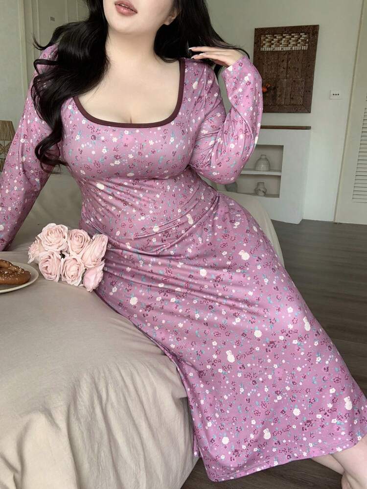 Dazy Plus Plus Size Women's Ditsy Floral Colorblock Square Neck Long Nightgown, Elegant Spring/Summer Sleepwear