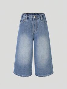 SHEIN Quần jean denim dáng rộng dài 7/8 cho bé trai, cạp chun, ống rộng, thích hợp cho kỳ nghỉ, đi làm hàng ngày, đi học, đi chơi cuối tuần - Quần jean ống rộng cho bé trai - Rửa trung bình - Xem 3
