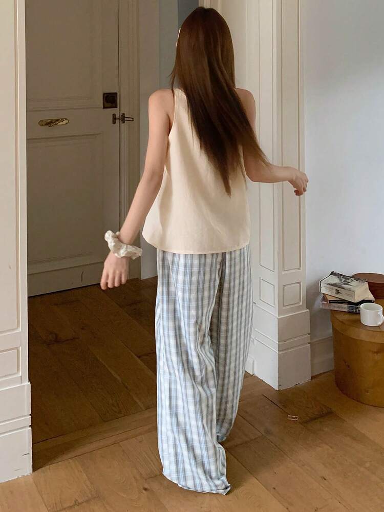 Women's Solid Color Camisole And Plaid Pants Pajama Set Summer