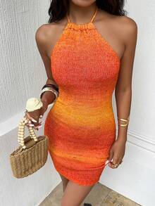 Selianne Váy ngắn đi biển dành cho nữ, váy ngắn hở lưng cổ yếm, kiểu nhuộm tie-dye màu cam, chất liệu vải dệt họa tiết, thích hợp cho các lễ hội âm nhạc. - trái cam - Xem 6