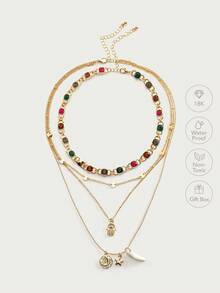 Glisma Retro Elegant Multi-Layer Gold Stacked Devil's Eye & Star And Moon Necklace,Premium/Old Money/Classy,Sexy/Vintage,Summer/Beach/Prom/Party,For Mom/Women/Girl/Mother,Layered/Gemstone/Beaded/Crystals - Gold - View 2