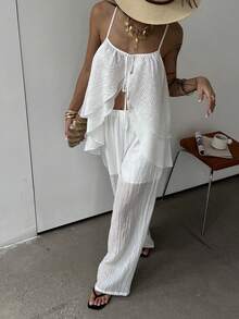 DAZY Conjunto de 2 piezas con top de tirantes blanco holgado y fluido, y pantalones de pierna ancha - Blanco - Ver 3