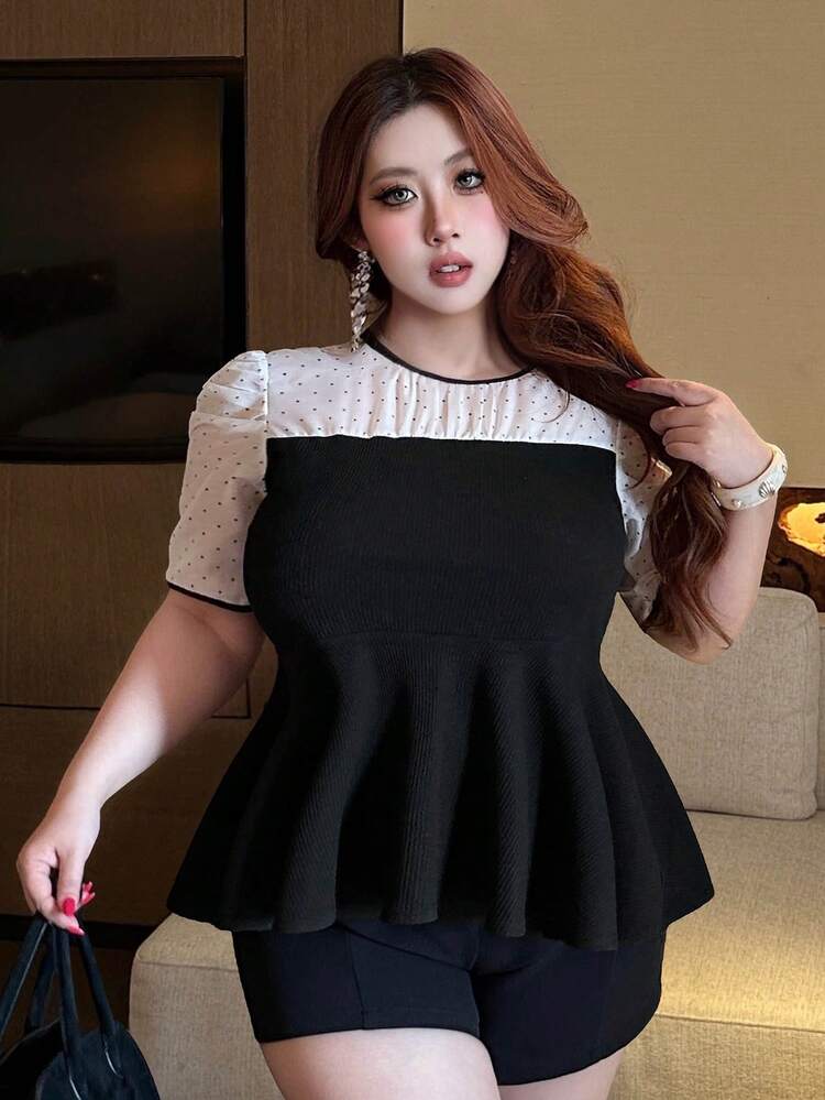 Dazy Plus Colorblock Contrast Lace Slim Fit Casual T-Shirt, Versatile & Flattering For Plus Size Women, Spring/Summer