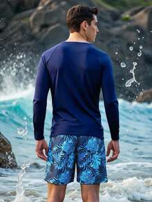 ZELFYO Men's Contrast Color Patchwork Rash Guard Top And Floral Print Swim Trunks Swimsuit Set, Holiday - Royal Blue - View 2