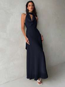 Aloruh 女士黄色垂褶领A字飘逸系带露背连衣裙 - 藏蓝色 - 查看 3