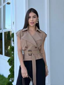 Yohana Edit Áo khoác dài cổ bẻ thắt lưng màu kaki, áo khoác cổ điển, áo khoác mùa đông, trang phục ngày lễ - Màu Khaki - Xem 4