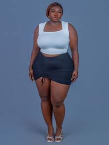 CurvyTilda Summer Beach Plus Size Women's Drawstring Cover Up Skirt, For Hourglass Body Shape - Black - View 7