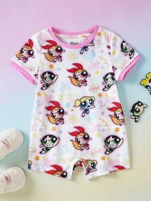 THE POWERPUFF GIRLS X SHEIN Bộ áo liền quần tay ngắn in hình hoạt hình cho bé gái, thích hợp mặc mùa hè. - trắng - Xem 1