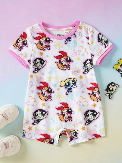 THE POWERPUFF GIRLS X SHEIN Bộ áo liền quần tay ngắn in hình hoạt hình cho bé gái, thích hợp mặc mùa hè.