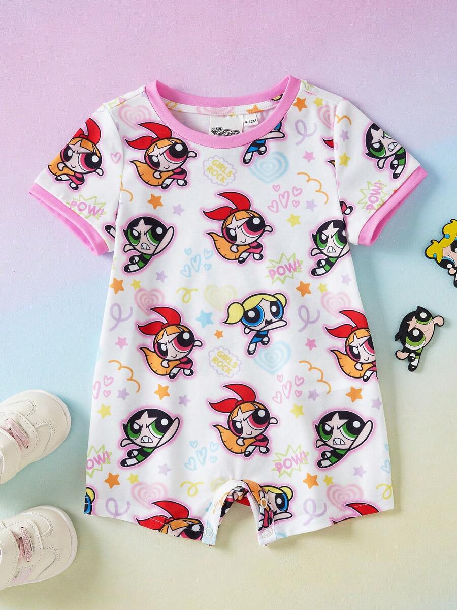 THE POWERPUFF GIRLS X SHEIN Bộ áo liền quần tay ngắn in hình hoạt hình cho bé gái, thích hợp mặc mùa hè. - trắng - Xem 1