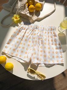 SHEIN EZwear 女士夏季休闲度假日月印花弹力腰短裤 - 黃色 - 查看 3