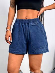 SHEIN PETITE Quần short denim nữ dáng rộng, cạp chun, có túi, kiểu dáng thường ngày. - Rửa tối - Xem 4