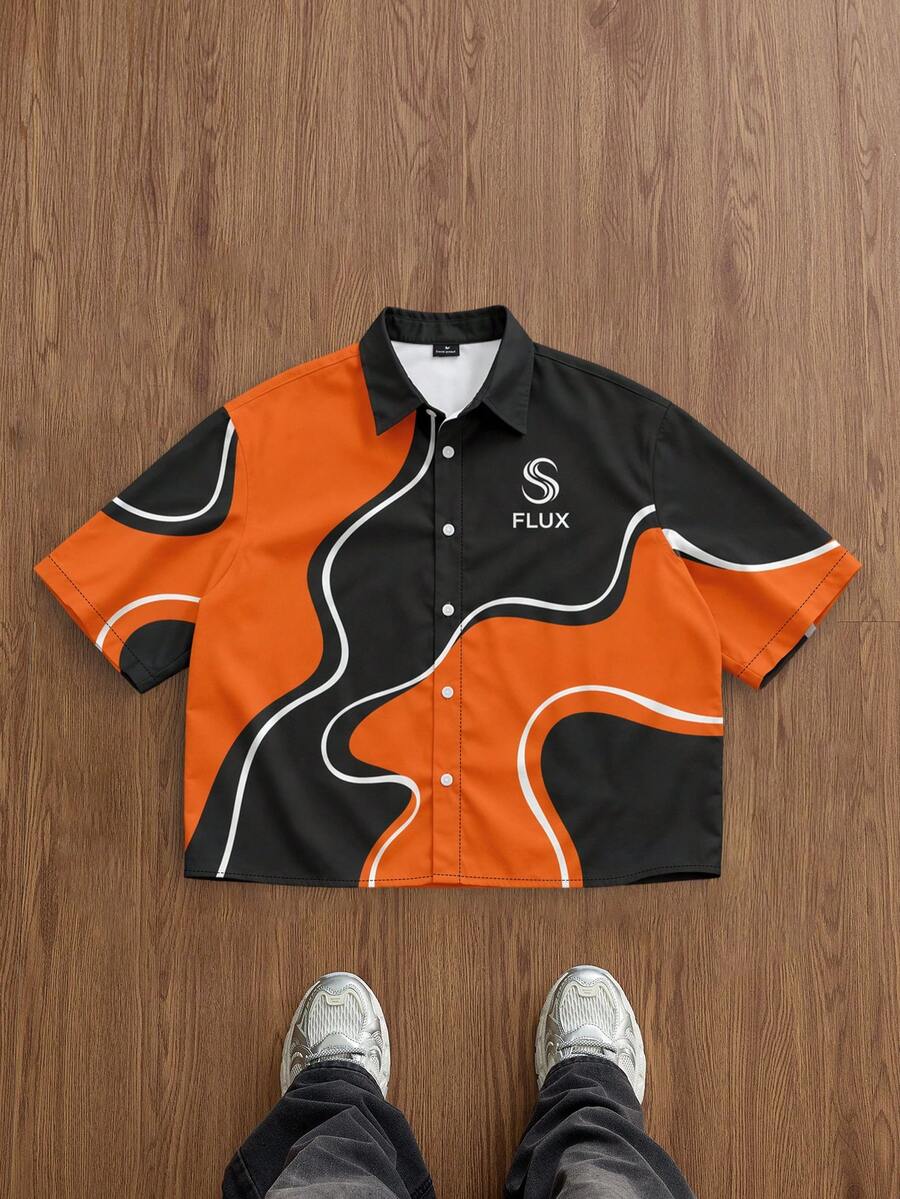 Manfinity Joysei Men's Casual Abstract Color Block Print Boxy Cropped Shirt, Suitable For Summer Outings - Orange - View 1