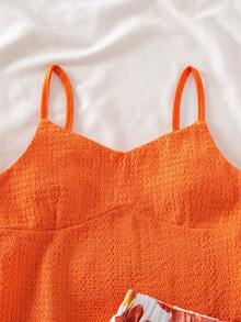 SHEIN Setelan 2 Potong Atasan Camisole Rajut Warna Polos dan Rok Mini Motif Bunga Kecil untuk Anak Perempuan Remaja - Jeruk - View 7