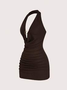 SHEIN Franclia 咖啡色简约性感时尚百搭都市商务宴会办公职场连衣裙，适合情人节、约会、派对、海滩、日常穿着，休闲优雅经典流行短款修身A字连衣裙，女士 - 咖啡 - 查看 5
