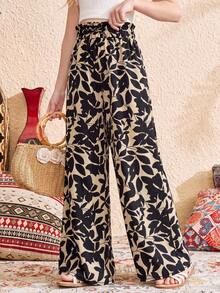 SHEIN Tween Girls' Loose Casual Ruffle Hem Leaf Print High Waist Wide Leg Pants - Black and White - View 4