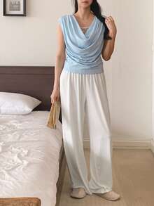 Livesso Women Plunging Neck Top And Pants Pajama Set - Blue - View 1
