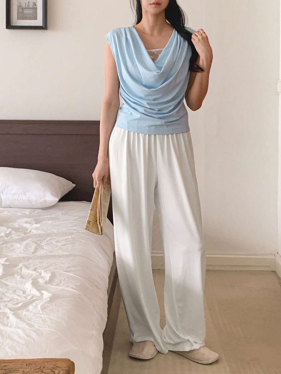 Livesso Women Plunging Neck Top And Pants Pajama Set - Blue - View 1