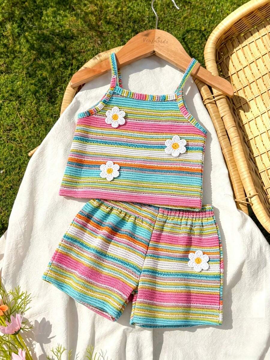 Elladie kids 女婴夏季红白条纹吊带背心和短裤两件套,适合休闲、户外、度假和旅行 - 彩色 - 查看 1