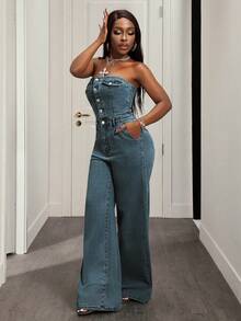 Slaydiva Jumpsuit Denim Model Tube Top dengan Kancing dan Kantong untuk Wanita di Resor - Medium Wash - View 6