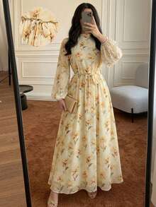 Veilorie 女士花卉图案灯笼袖立领优雅阿拉伯连衣裙 - 彩色 - 查看 2