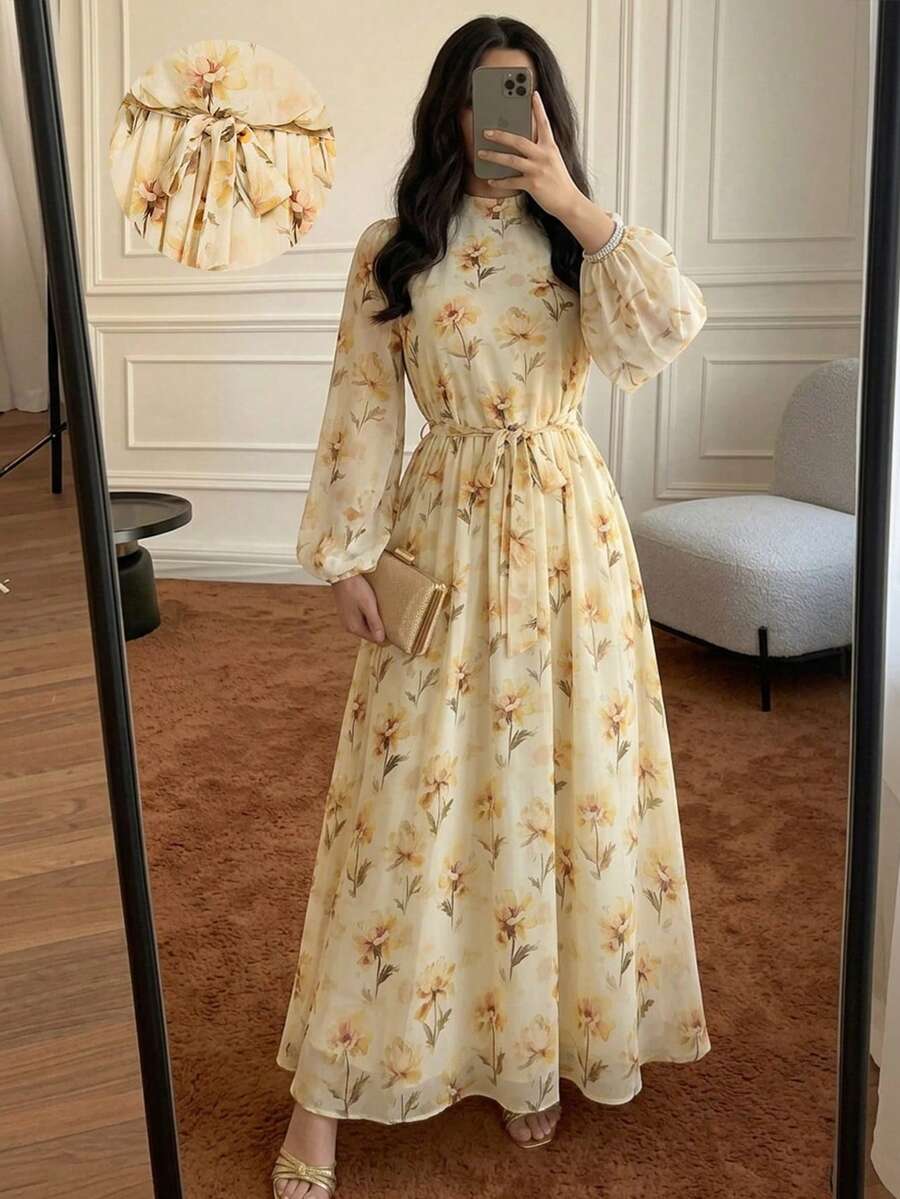 Veilorie 女士花卉图案灯笼袖立领优雅阿拉伯连衣裙