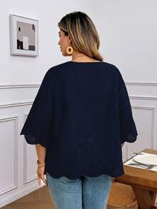 SHEIN LUNE Plus Size Women Vacation Lace Hollow Arc Hem Fashionable Blouse Fall - Royal Blue - View 2
