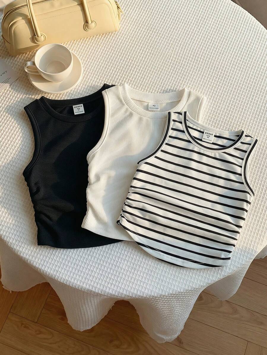 3pcs Young Girl Knitted Solid Striped Round Neck Pleated Casual Vest Set - Multicolor - View 1