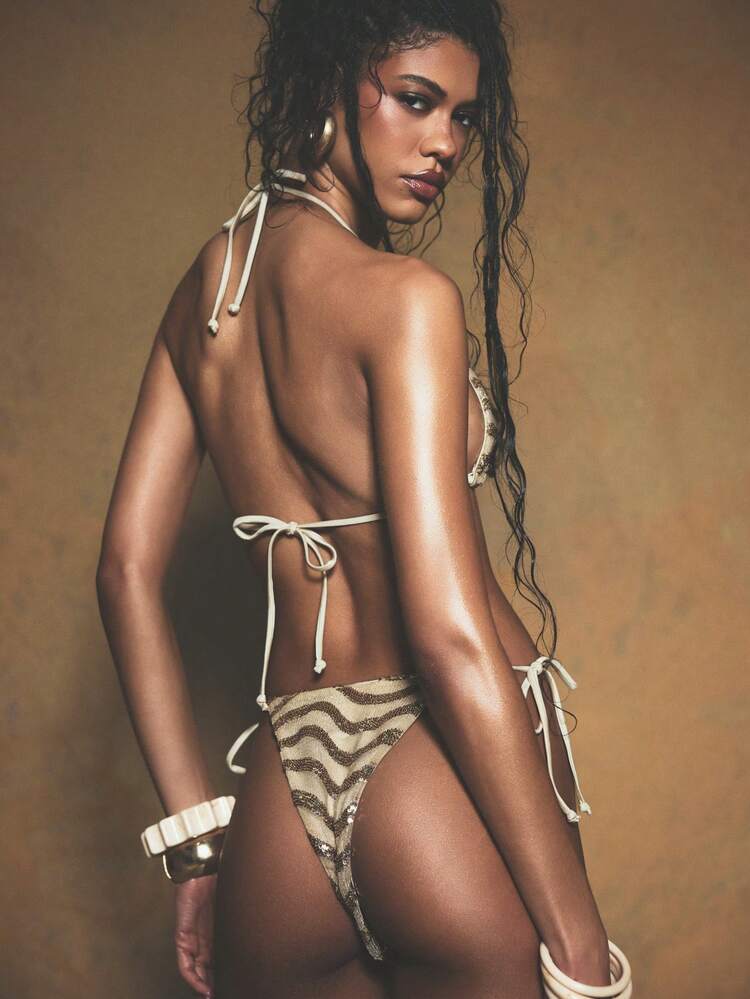 KIZN Sequin Wave Stripe Triangle Bikini Set