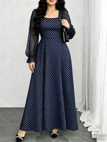 Modelyn Đầm maxi cỡ lớn màu xanh navy in chấm bi, đầm dài đơn giản cổ vuông tay phồng thời trang nữ, đầm maxi thanh lịch thắt eo mùa hè, thích hợp cho kỳ nghỉ hè và mặc hàng ngày. - Nhiều màu - Xem 1