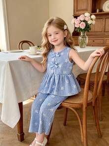 SHEIN Elladie kids 女童碎花两件套，棕色蝴蝶结装饰无袖上衣+配套阔腿裤，甜美可爱休闲装，夏季 - 藍色 - 查看 5