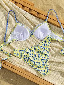 Swim Mod Summer Vacation Sweet Floral Ruffle Spaghetti Strap Backless Tie-Up Bikini Set - Multicolor - View 5