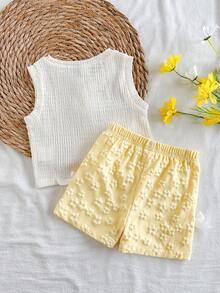 SHEIN Vintaside Kids 女婴/女童夏季圆领无袖简约休闲百搭3D花朵背心搭配休闲百搭提花面料短裤套装，适合日常休闲、散步或旅行度假。 - 黃色 - 查看 2