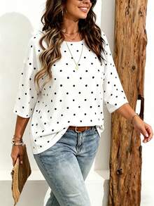 EMERY ROSE Plus Size Women Casual Minimalist Polka Dot Print Drop Shoulder T-Shirt, Suitable For Summer - Multicolor - View 5